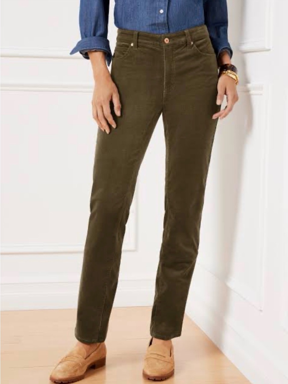 Talbots Woman Petite Sz 18WP Corduroy Heritage Straight-Leg Pants Olive Green